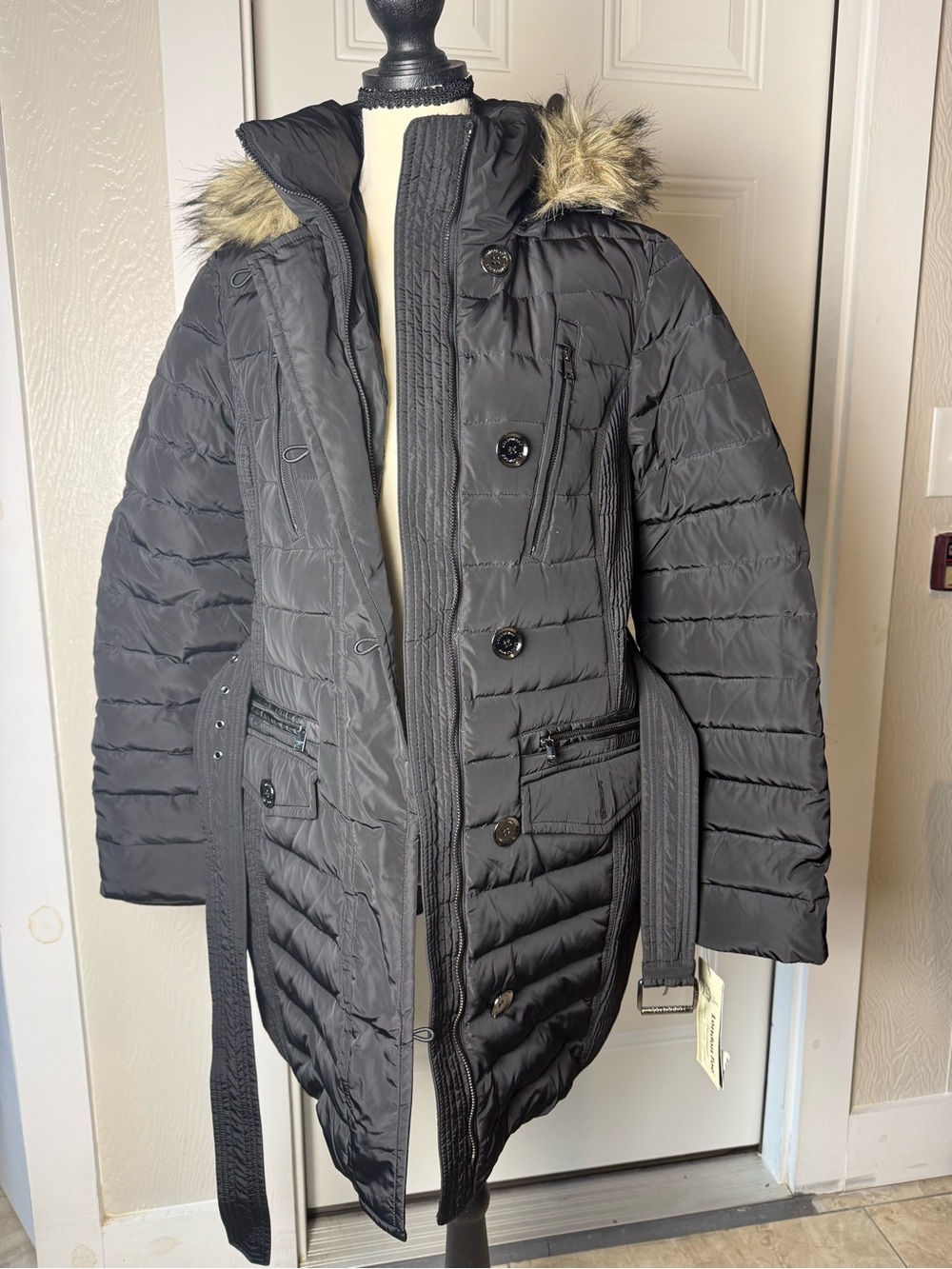 London Fog Black Quilted Puffer Coat with Faux Fur Trim